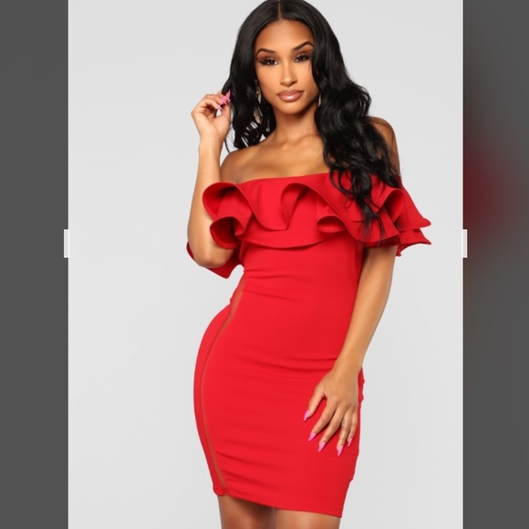 Off Shoulder Ruffle Mini Dress- Red - Picture 4 of 5